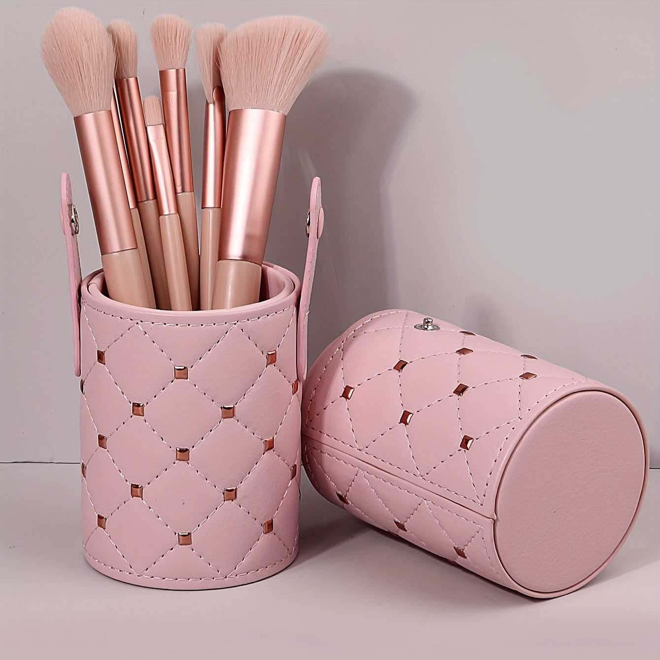 Luxurious Pink Quilted Faux Leather Makeup Brush Holder Set