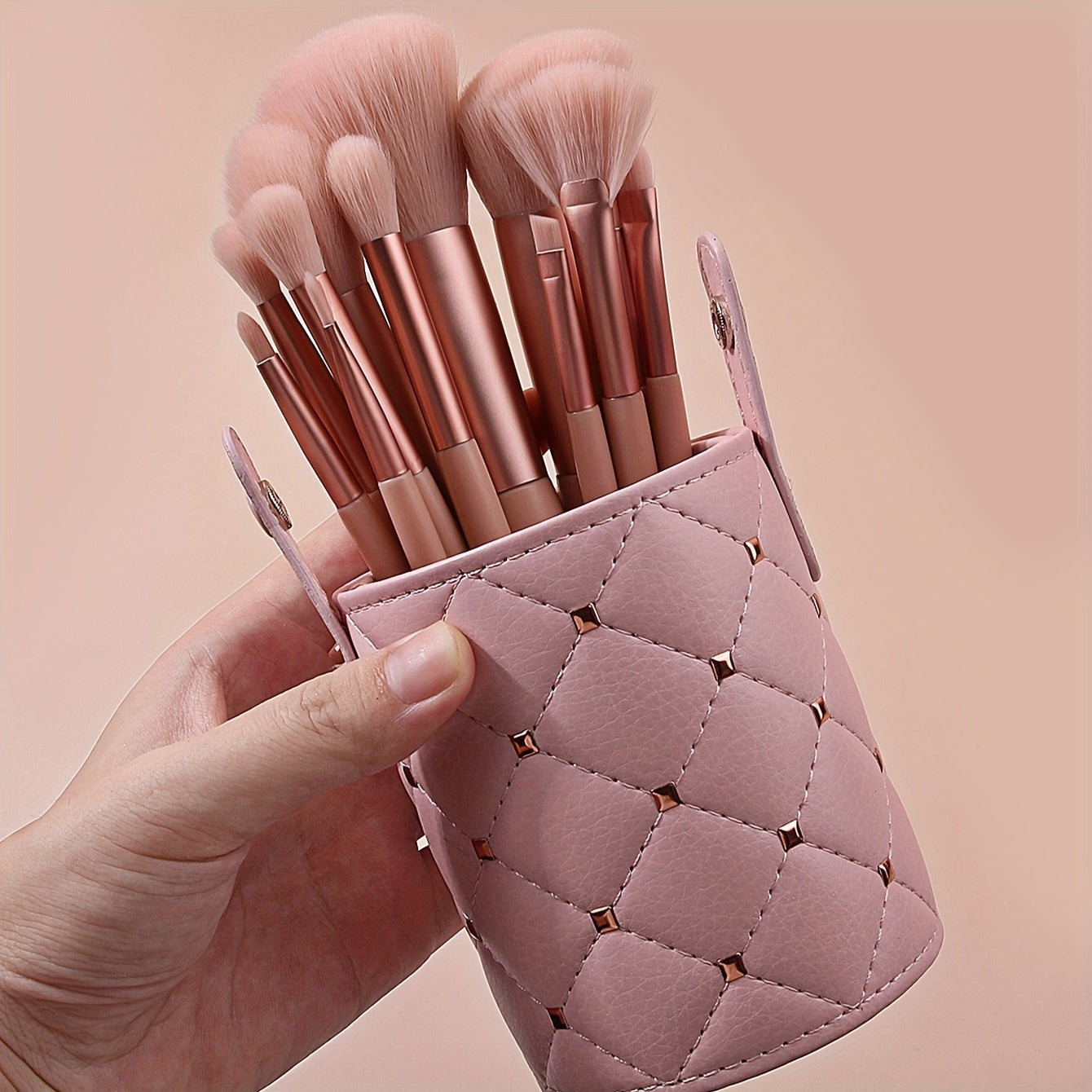 Luxurious Pink Quilted Faux Leather Makeup Brush Holder Set