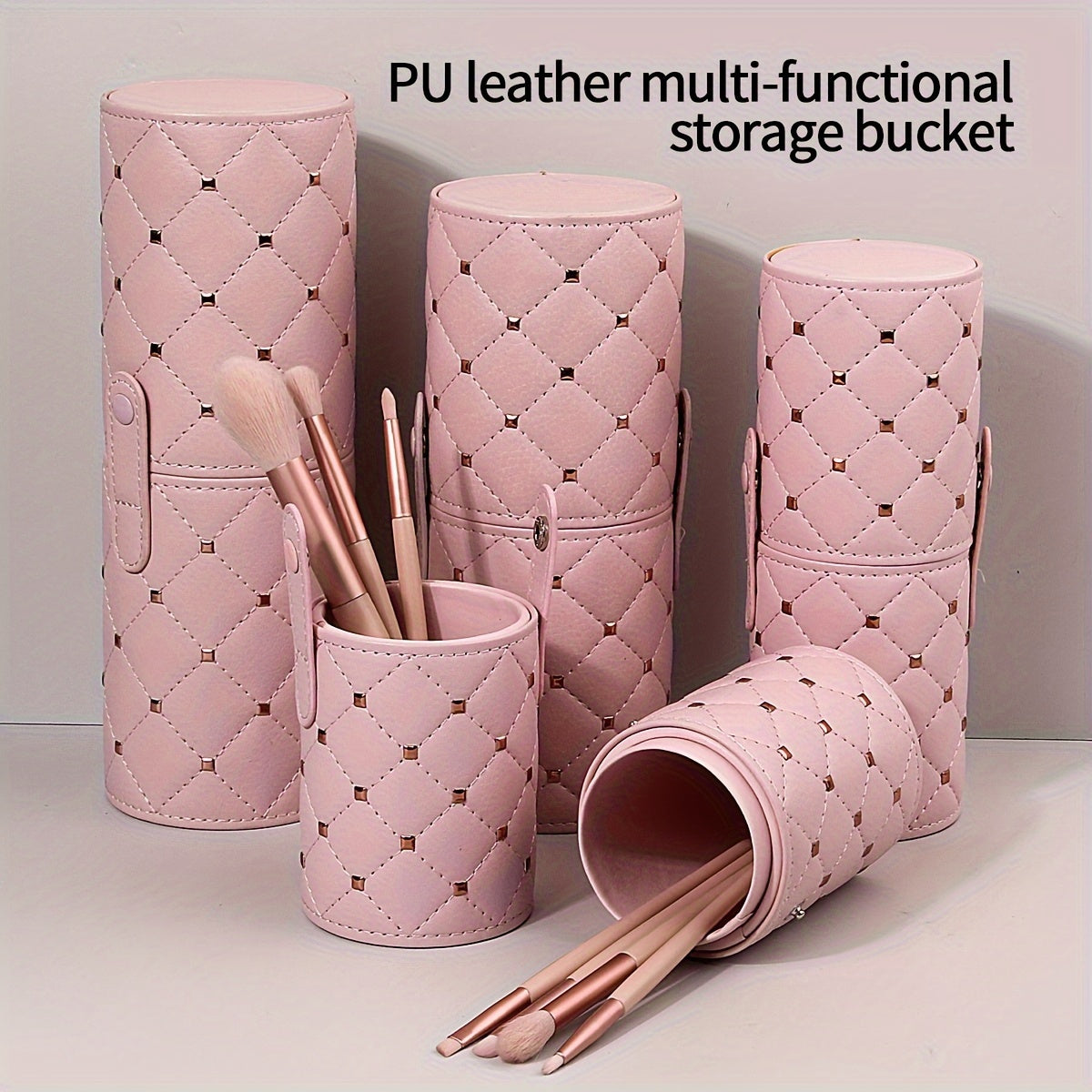 Luxurious Pink Quilted Faux Leather Makeup Brush Holder Set