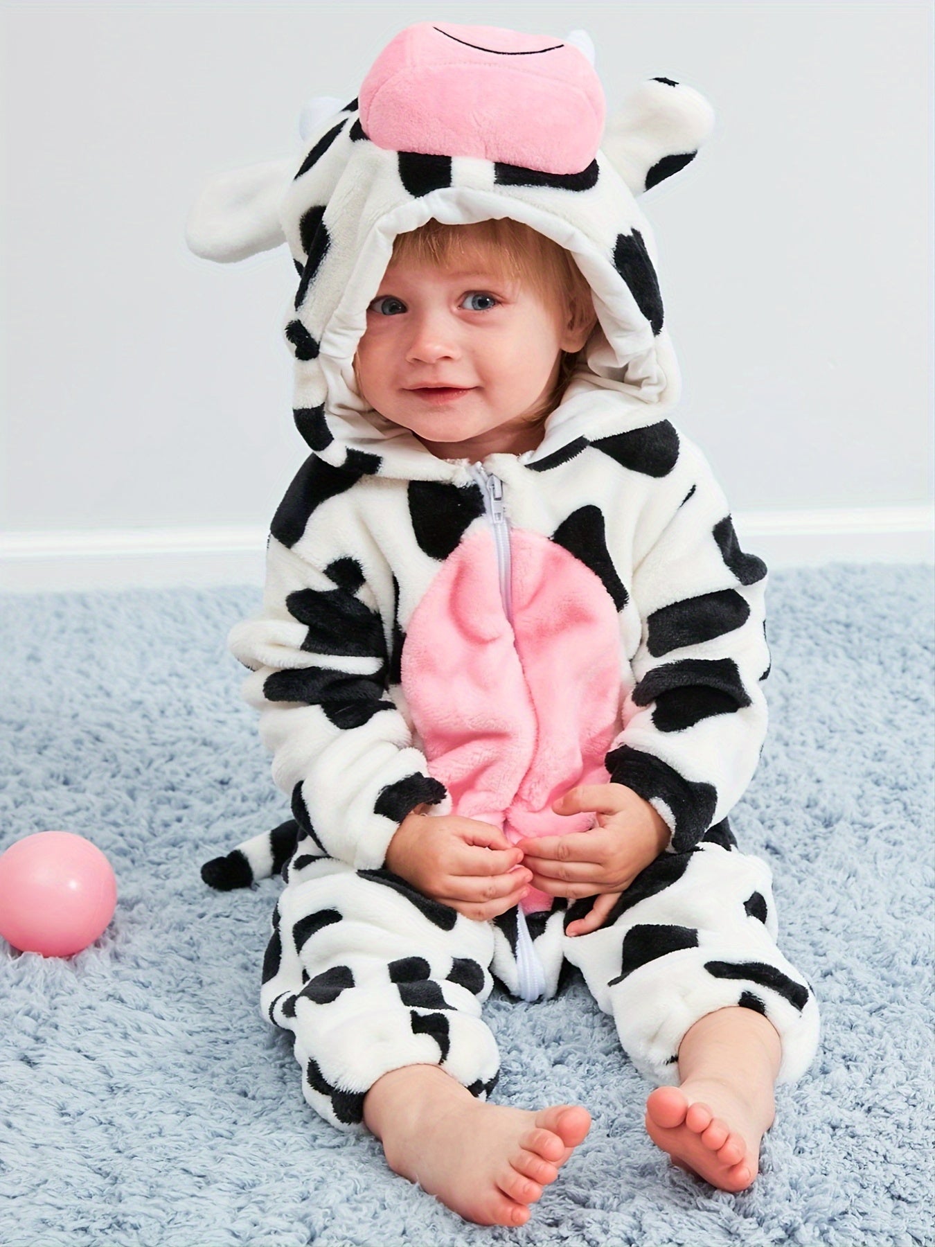 Super Cute Cow Shape Furry Baby Boys Girls Jumpsuit! - Thick Kids Thermal Clothes As Gift, Suitable For Outdoor Wear