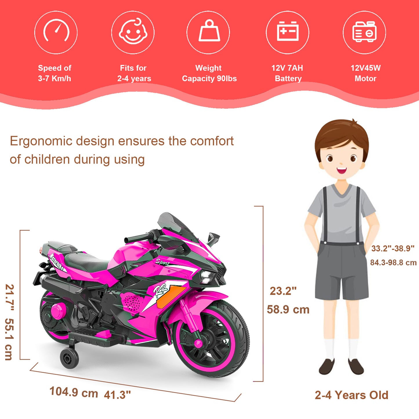 1pc Kids 12V Electric Bike, Rechargeable Lead Acid Battery Powered Motorcycle Toy