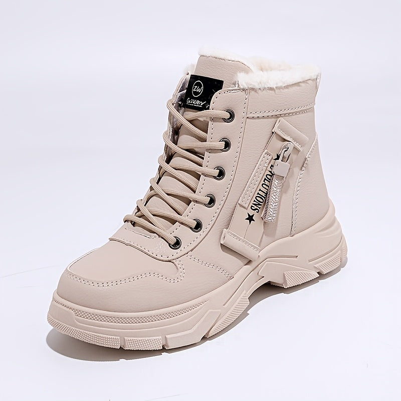 Women's Winter Warm Snow Boots with Side Zipper - Comfortable Thick Sole, High-Top Sneakers in Solid Color, Snow Boots, Outdoor Shoes