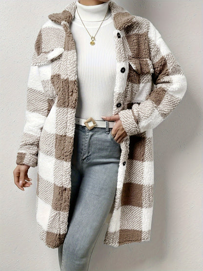 New fashion contrasting color plaid plush overcoat for autumn and winter. Casual drop-shoulder long-sleeved jacket. Trendy Women's clothing, versatile plaid overcoat.