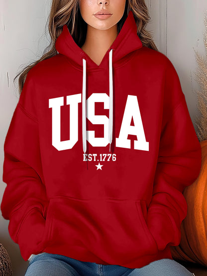 USA Letter Printed Women's Autumn And Winter 600g Hooded Pocket Hoodie, Suitable For Casual Outings And Daily Wear