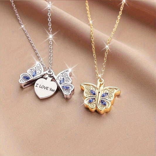 Elegant and special butterfly pendant necklace that can be opened, engraved with the words' I Love You