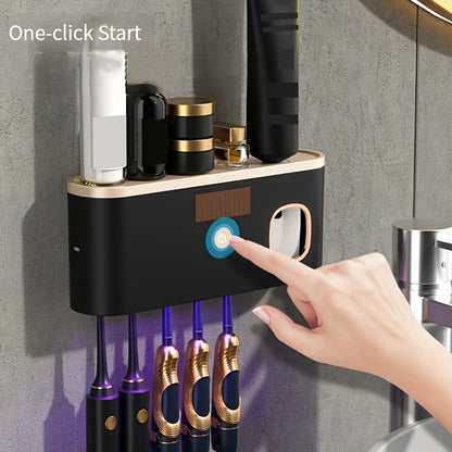 Sleek Black UV Toothbrush Sanitizer Holder - Wall-Mounted, No-Drill, USB Rechargeable with 1200mAh Battery