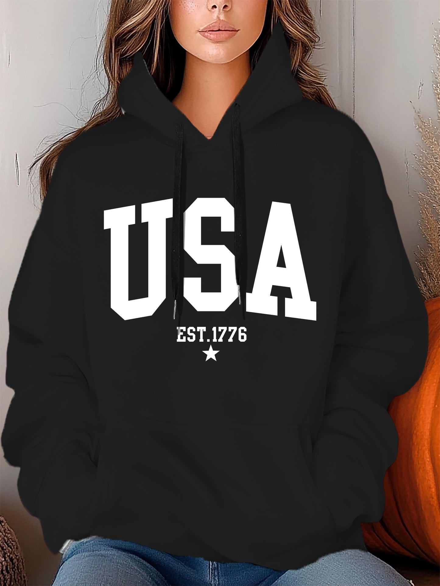 USA Letter Printed Women's Autumn And Winter 600g Hooded Pocket Hoodie, Suitable For Casual Outings And Daily Wear