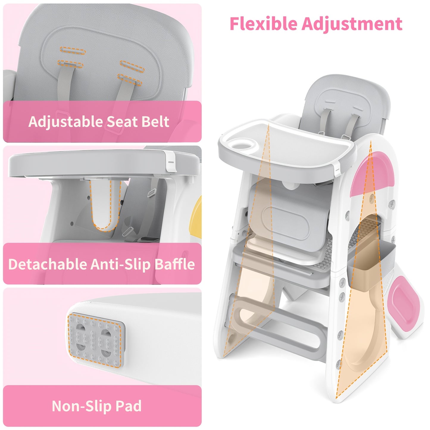 Adjustable & High Chair Set with Safety Harness - Includes Study Table, Building Block Station, and Footrest - Easy Assembly - Gray/Pink, Chair