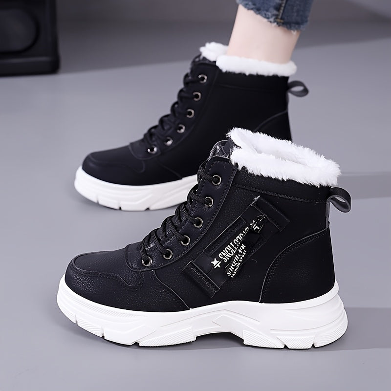 Women's Winter Warm Snow Boots with Side Zipper - Comfortable Thick Sole, High-Top Sneakers in Solid Color, Snow Boots, Outdoor Shoes