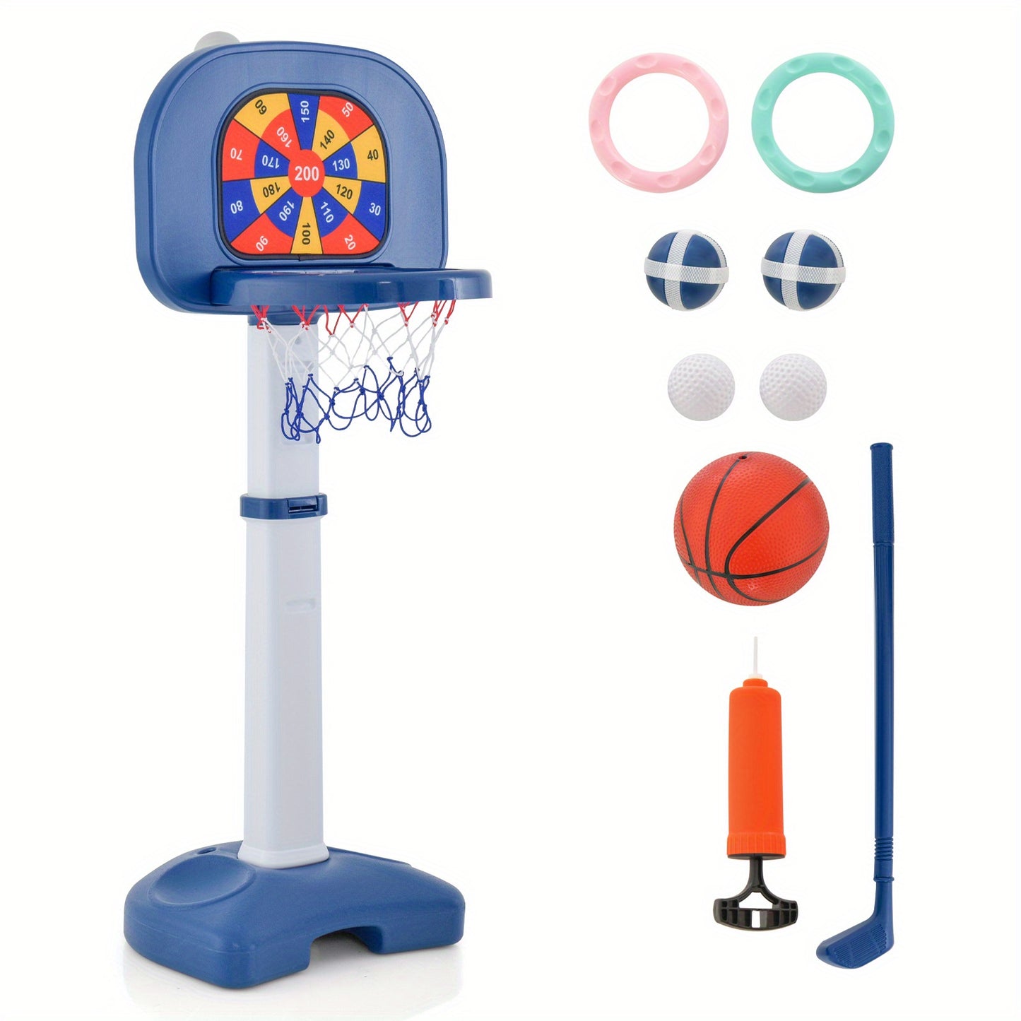 MAXMASS 4-In-1 Kids Adjustable Basketball Hoop Goal Toy W/Ring Toss Sticky Ball Golf Set