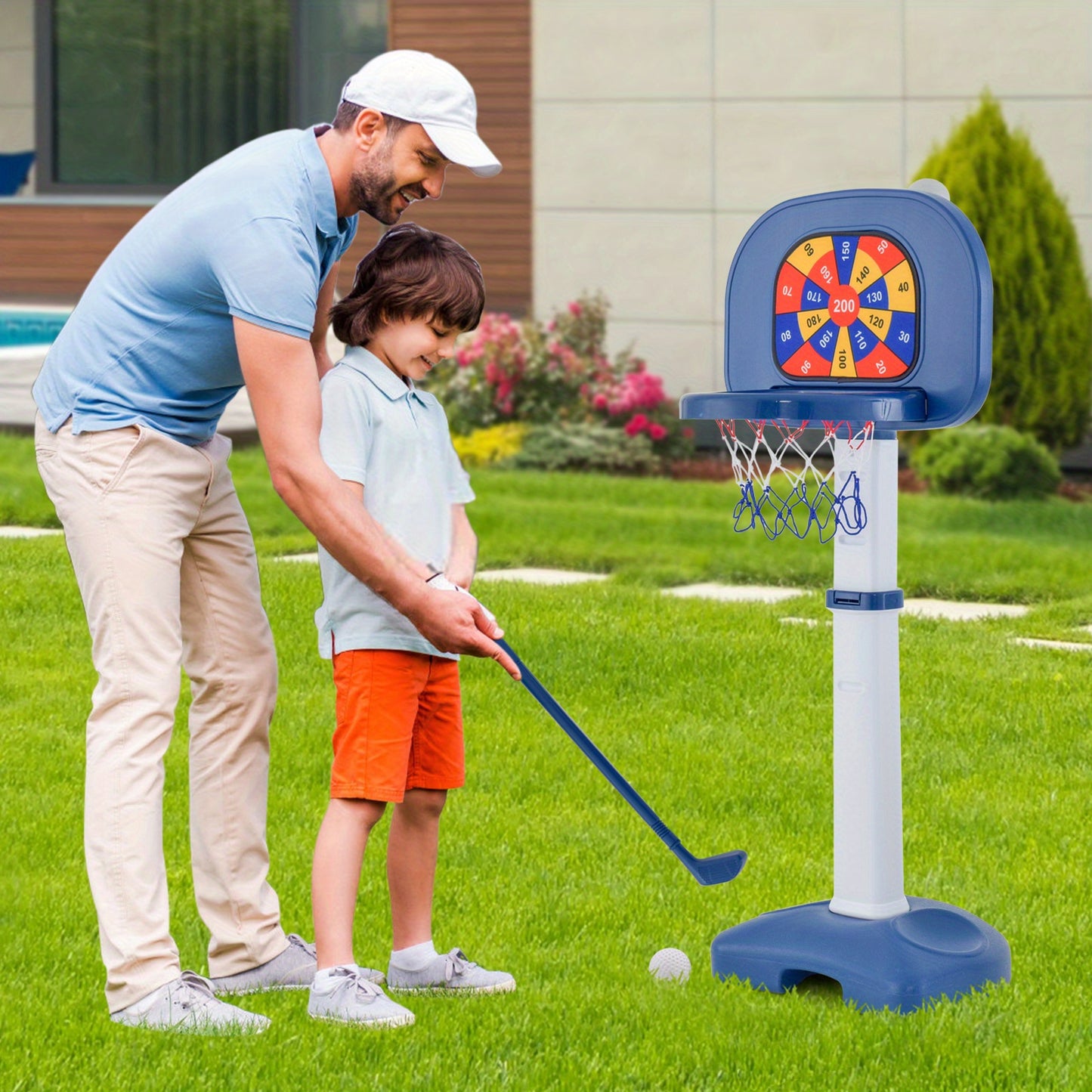 MAXMASS 4-In-1 Kids Adjustable Basketball Hoop Goal Toy W/Ring Toss Sticky Ball Golf Set