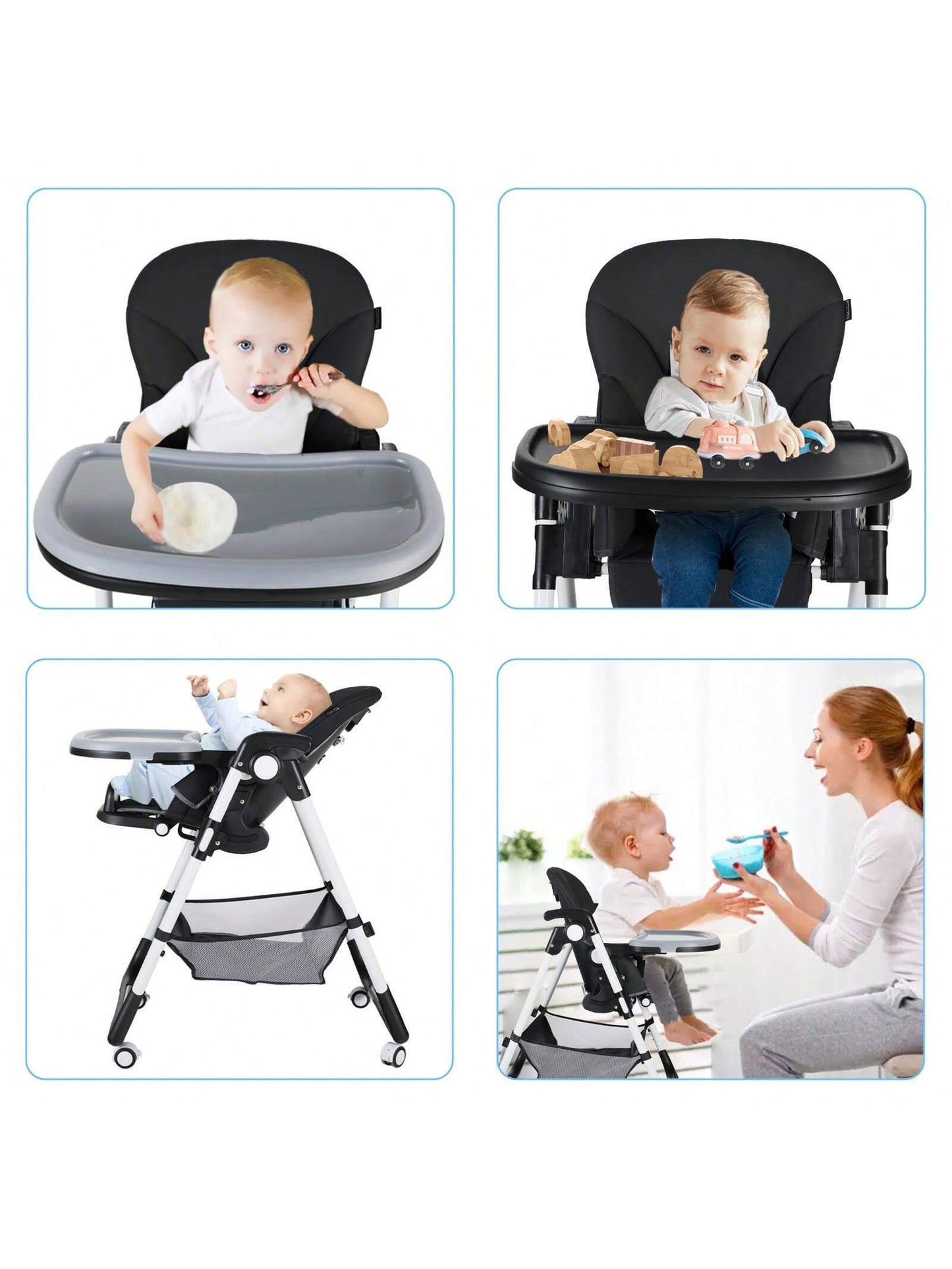 Kinder King Foldable Baby High Chair with Wheels, Adjustable Recline Toddler Eating Chair