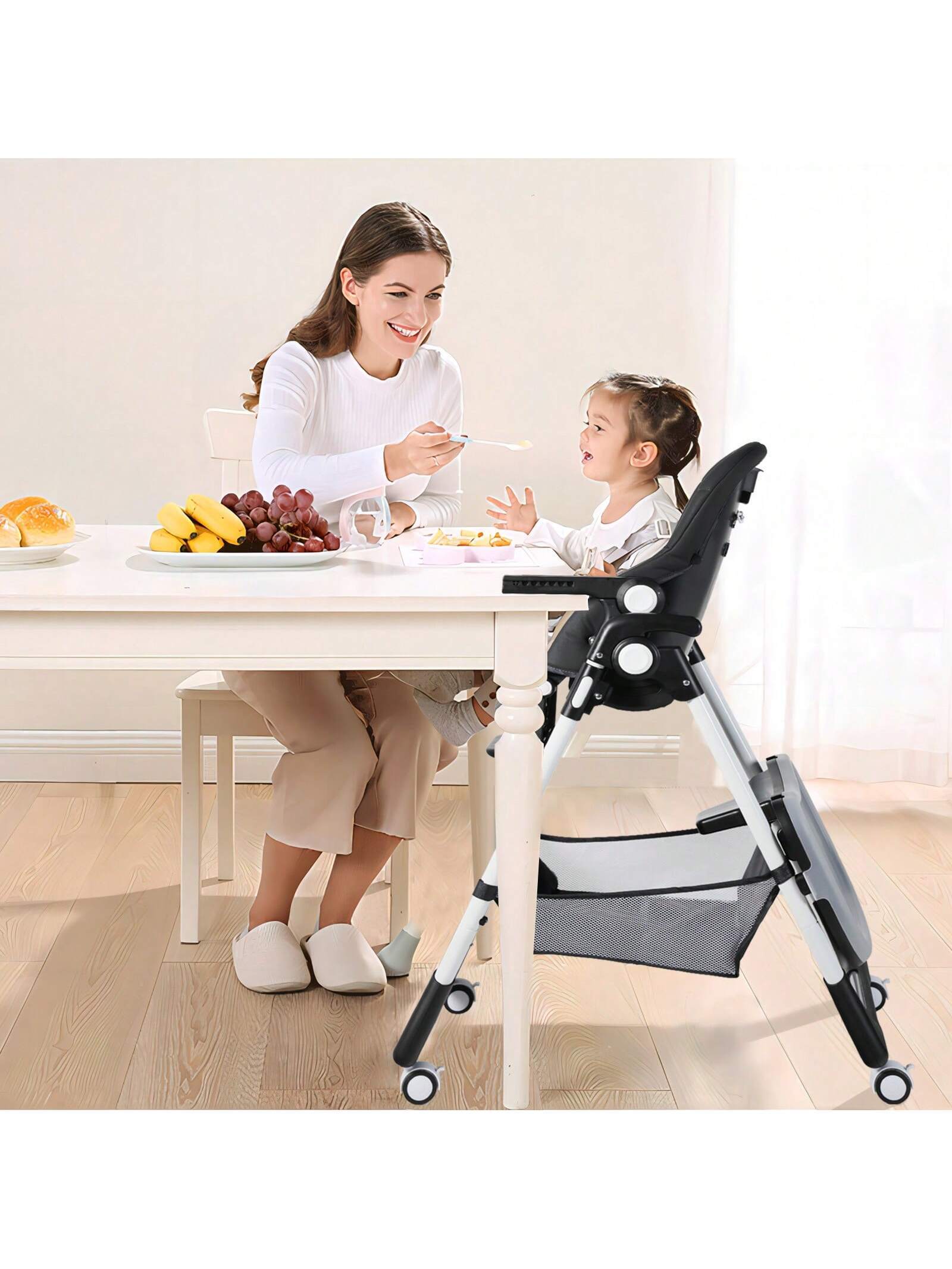 Kinder King Foldable Baby High Chair with Wheels, Adjustable Recline Toddler Eating Chair