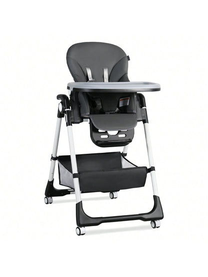 Kinder King Foldable Baby High Chair with Wheels, Adjustable Recline Toddler Eating Chair