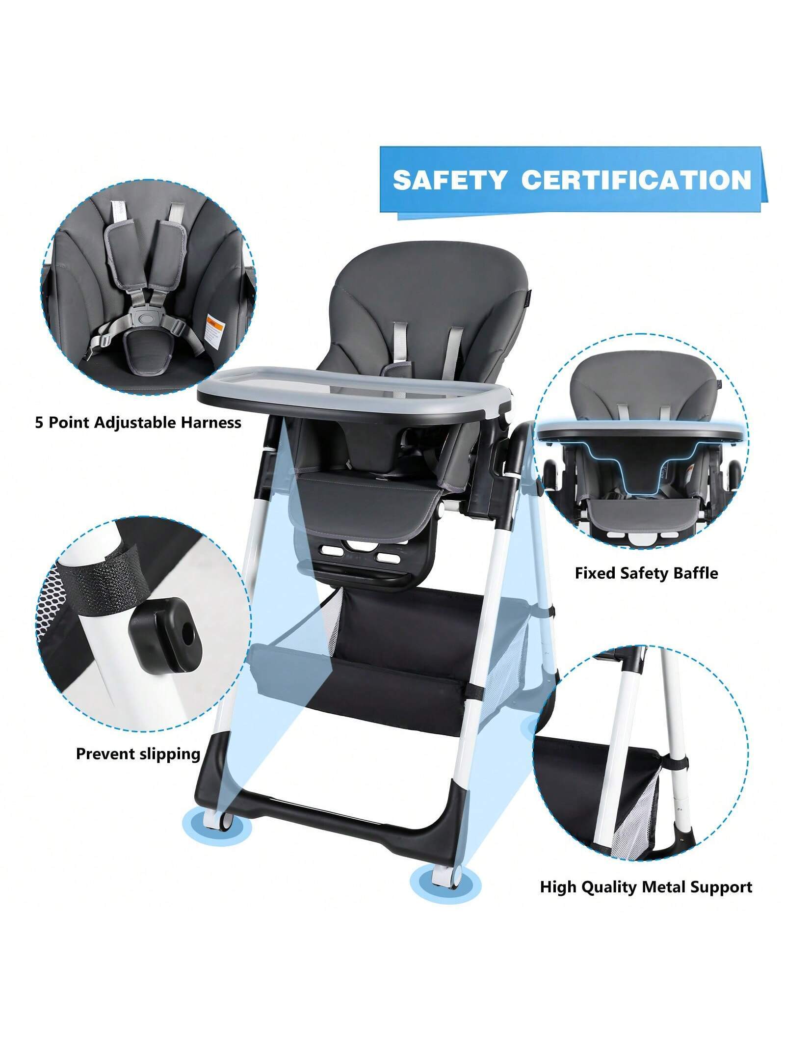 Kinder King Foldable Baby High Chair with Wheels, Adjustable Recline Toddler Eating Chair