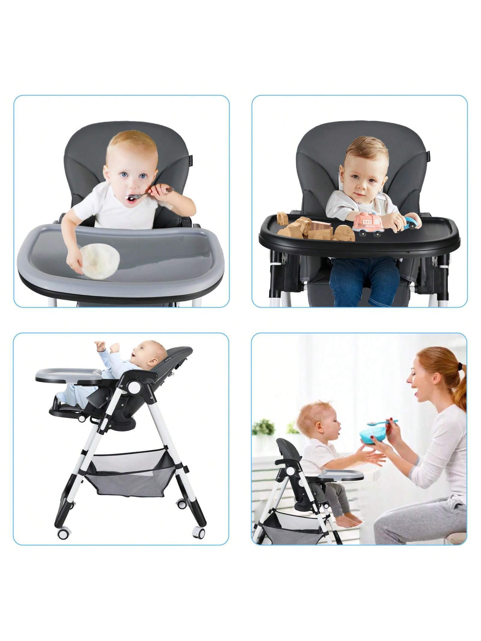 Kinder King Foldable Baby High Chair with Wheels, Adjustable Recline Toddler Eating Chair