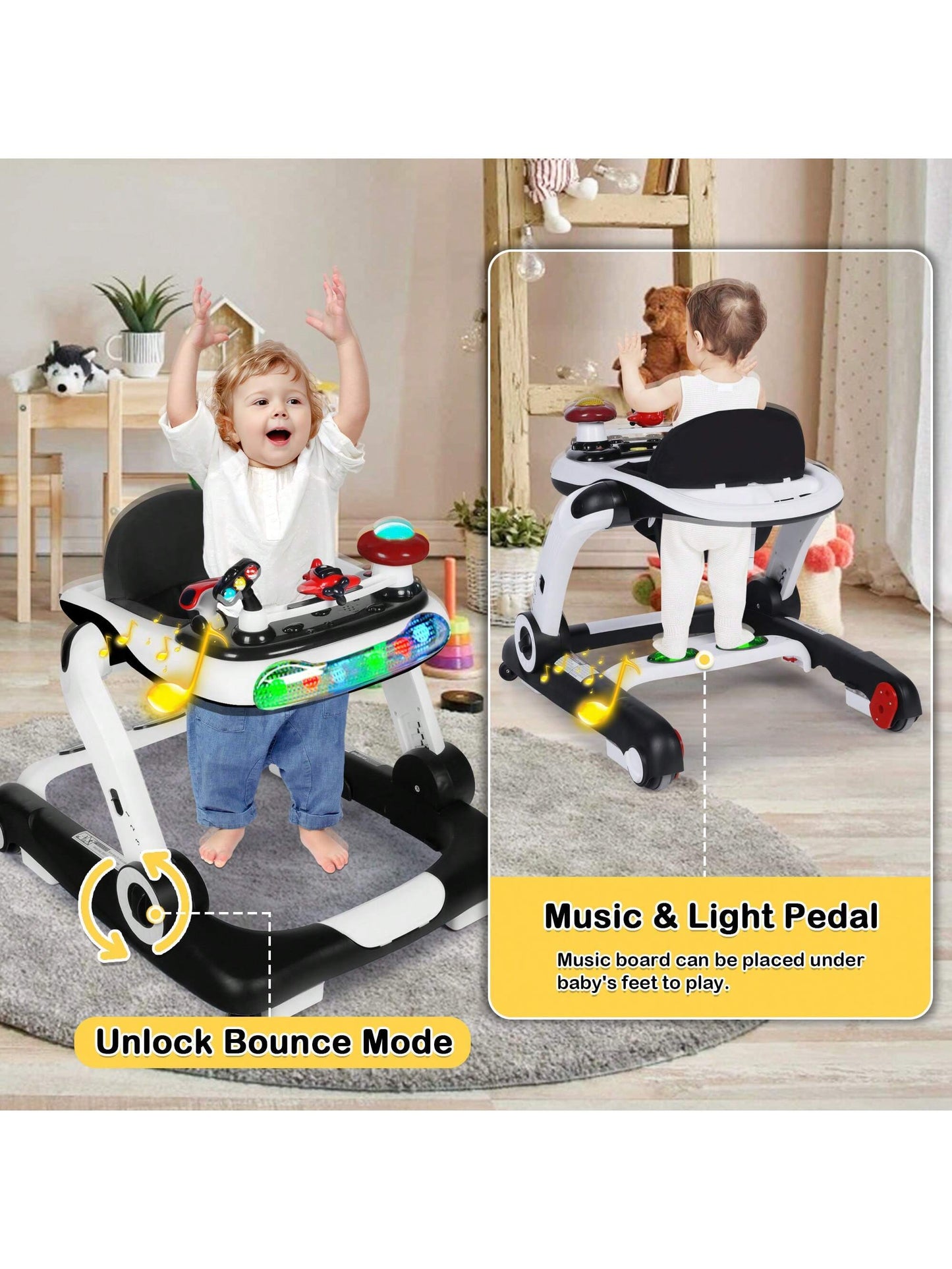 Musical Baby Walker with Wheels, Activity Center Toddler Music Bouncer Walker