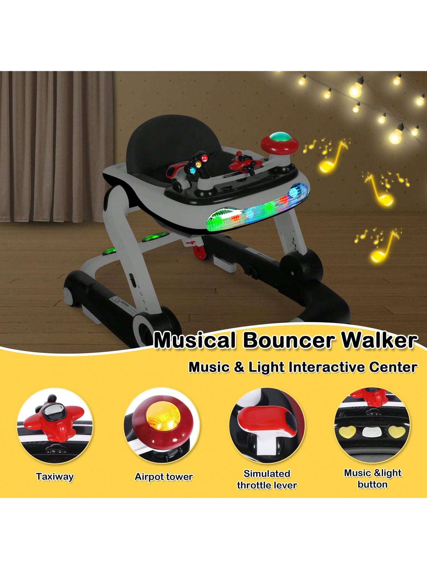 Musical Baby Walker with Wheels, Activity Center Toddler Music Bouncer Walker