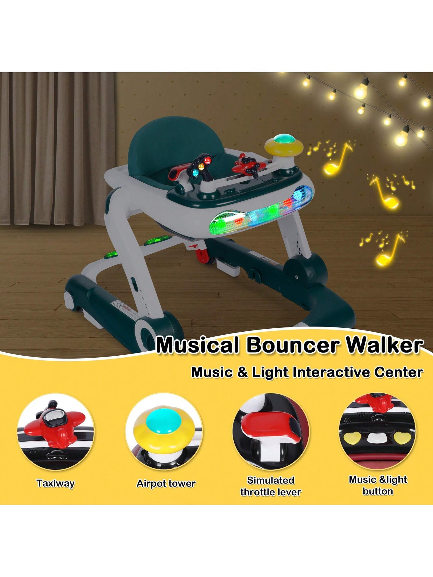 Musical Baby Walker with Wheels, Activity Center Toddler Music Bouncer Walker