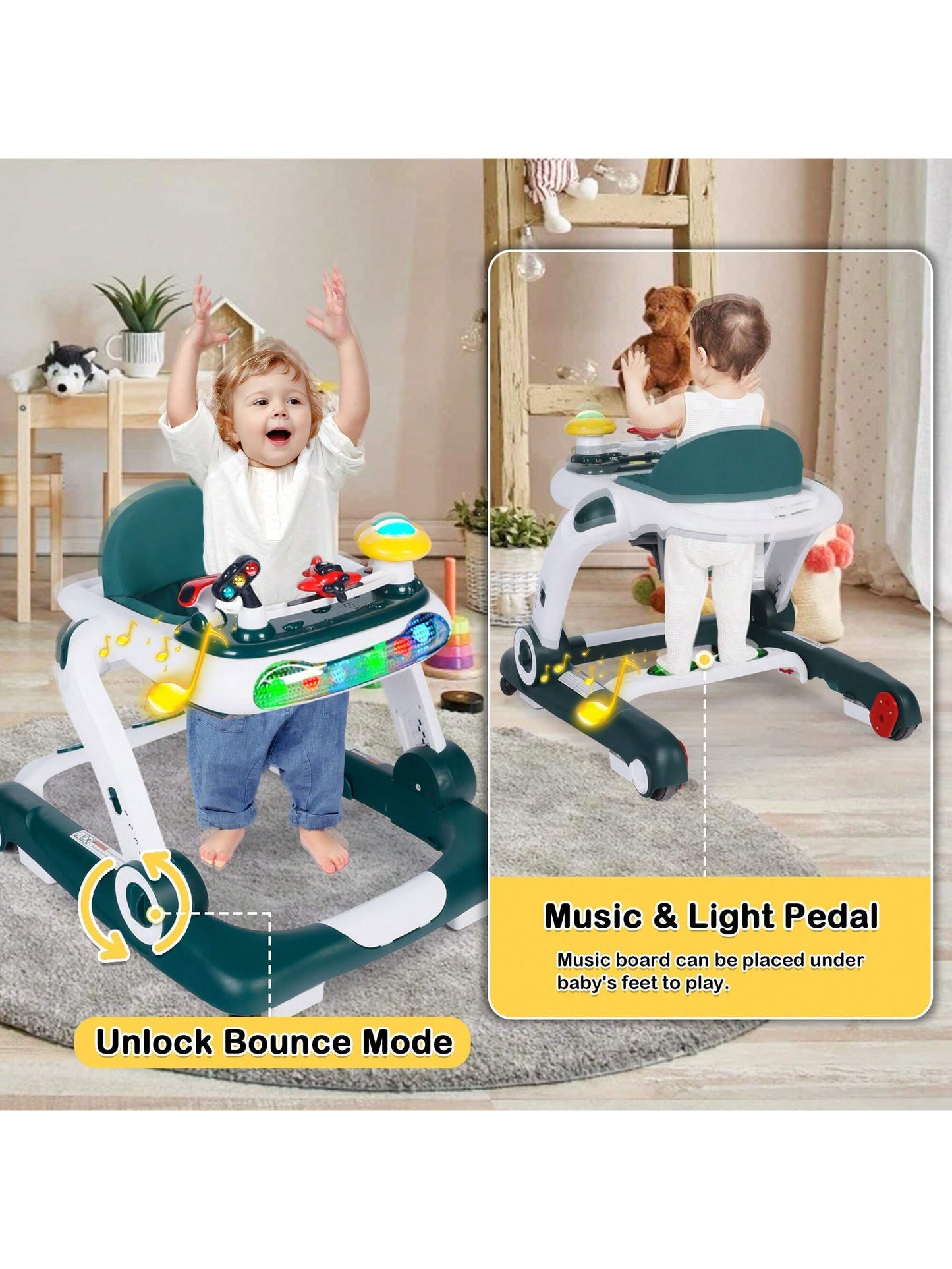 Musical Baby Walker with Wheels, Activity Center Toddler Music Bouncer Walker