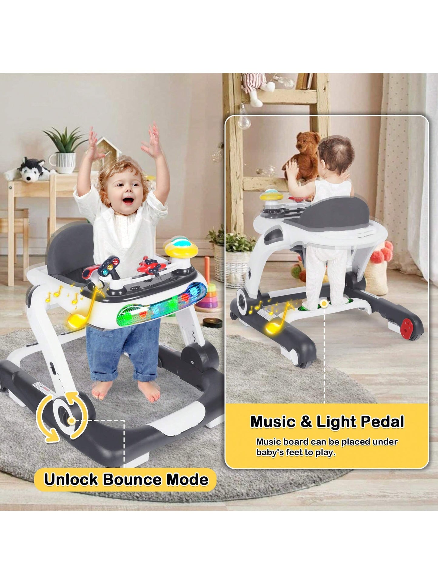 Musical Baby Walker with Wheels, Activity Center Toddler Music Bouncer Walker