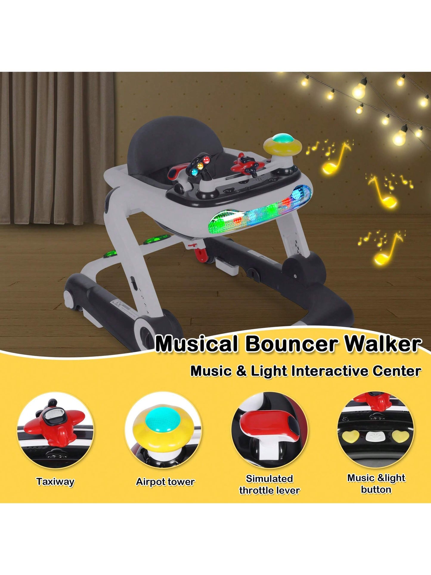 Musical Baby Walker with Wheels, Activity Center Toddler Music Bouncer Walker