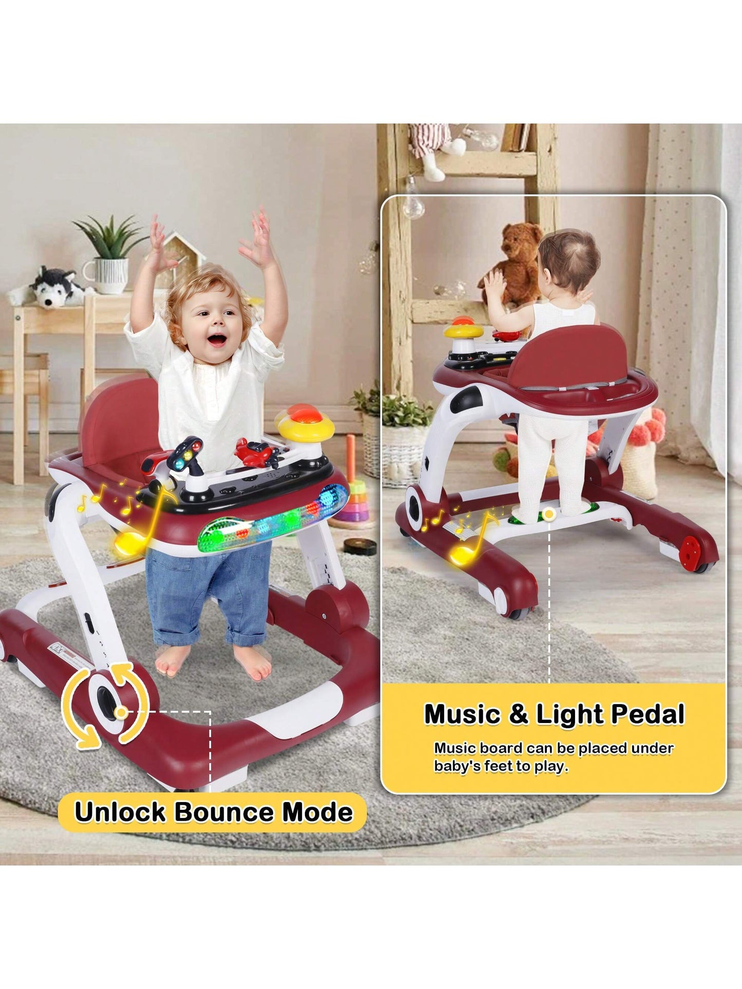 Musical Baby Walker with Wheels, Activity Center Toddler Music Bouncer Walker