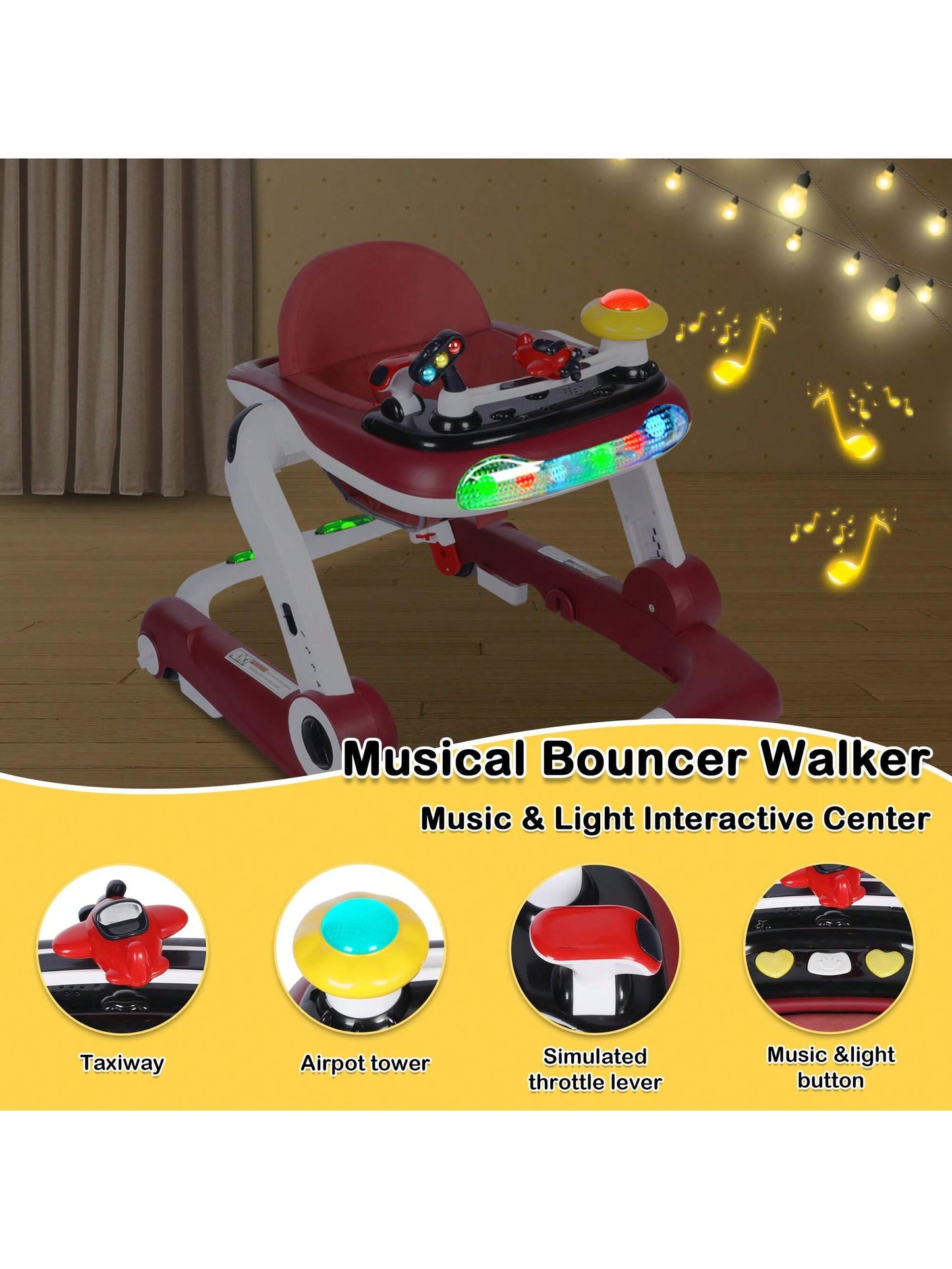 Musical Baby Walker with Wheels, Activity Center Toddler Music Bouncer Walker