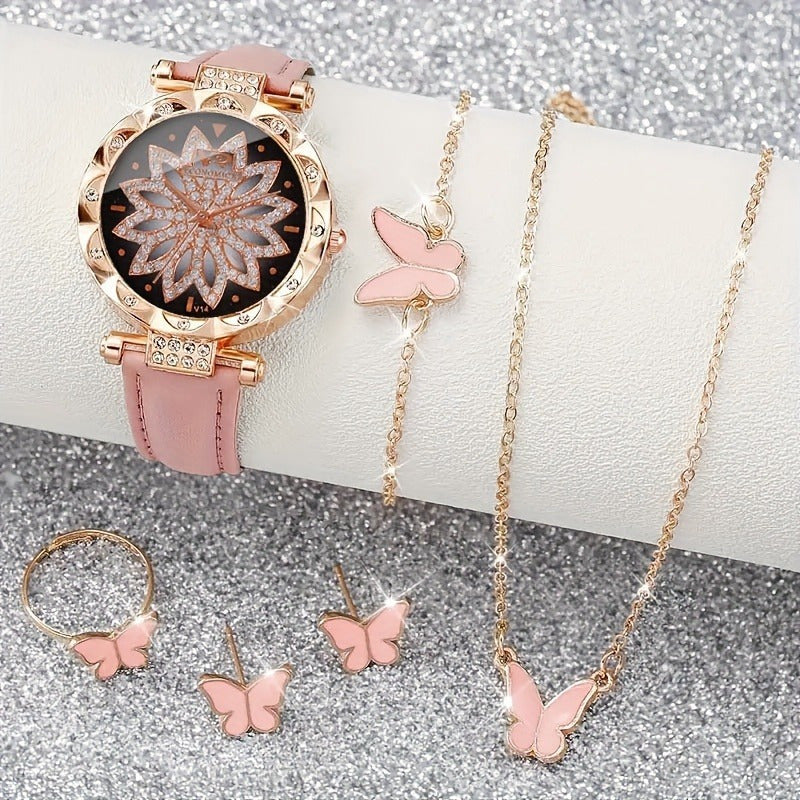 Sparkling Girls' Rhinestone Watch and Butterfly Accessories Set