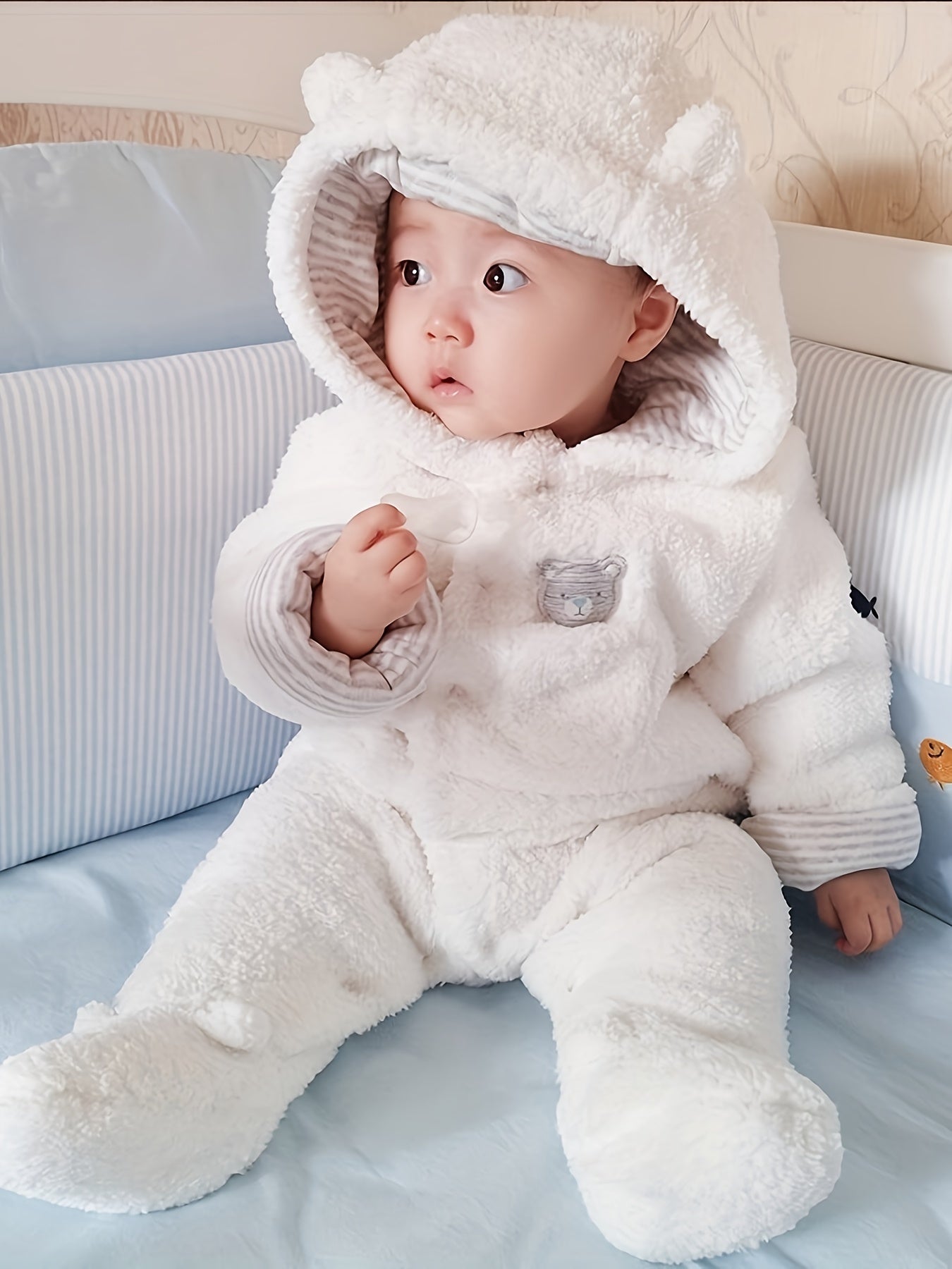 Newborn Baby Romper Winter Bear Style Hooded Plush Jumpsuit Cosplay Clothes, for Outdoor