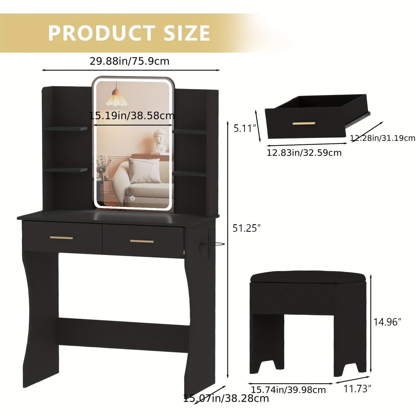 Vanity Desk With LED Lighted Mirror & Power Outlet, Corner Makeup Vanity Table With 2 Drawers, Storage Stool, For Bedroom