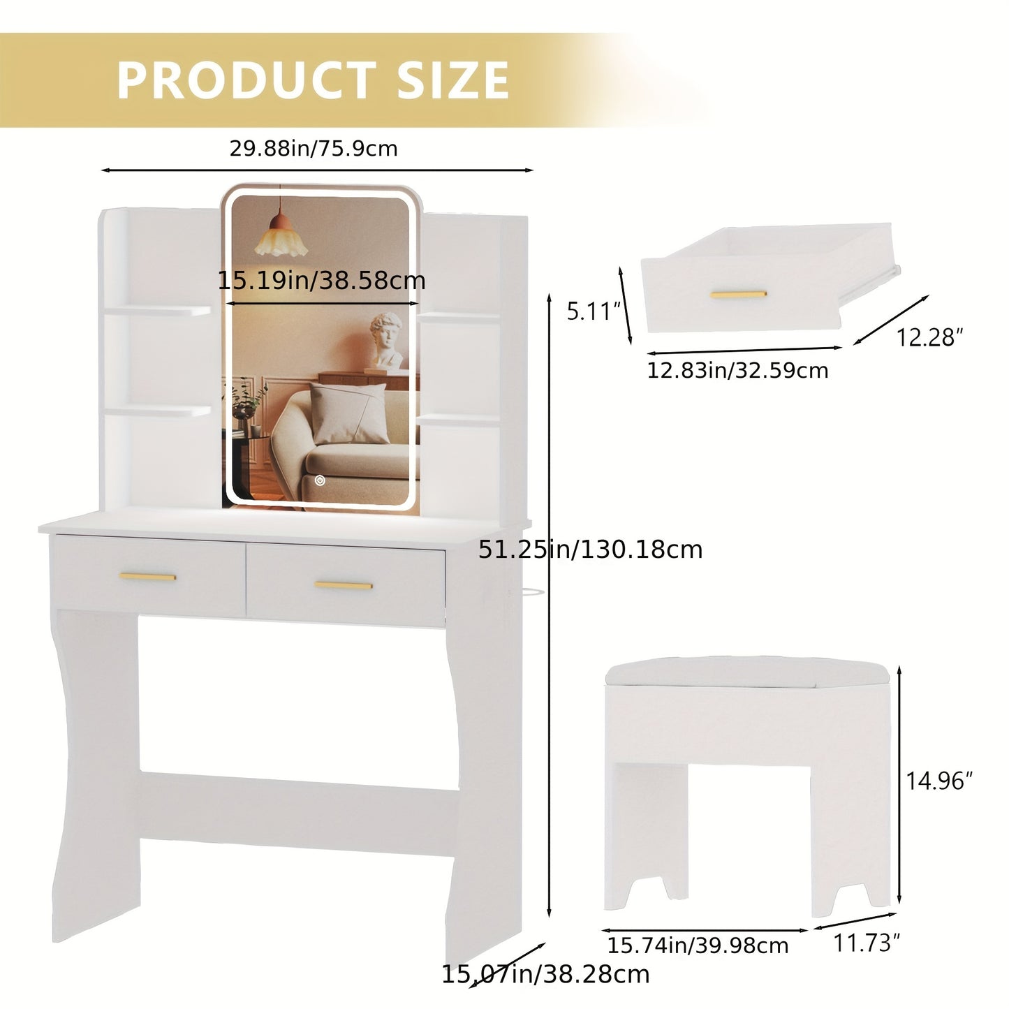 Vanity Desk With LED Lighted Mirror & Power Outlet, Corner Makeup Vanity Table With 2 Drawers, Storage Stool, For Bedroom