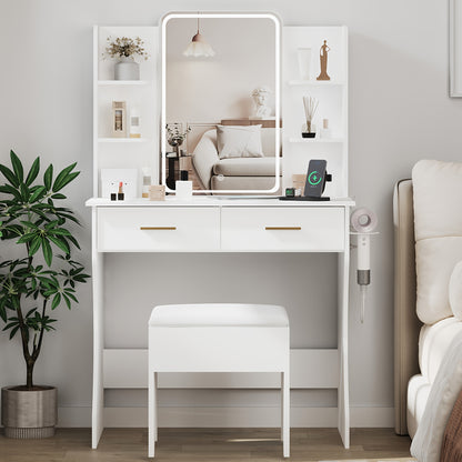 Vanity Desk With LED Lighted Mirror & Power Outlet, Corner Makeup Vanity Table With 2 Drawers, Storage Stool, For Bedroom