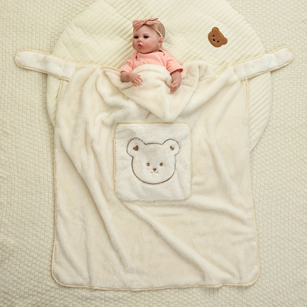 Cozy Ivory Polyester Stroller Blanket with Cute Bear Design - Thick, Warm, Windproof Cover with Shoulder Straps for Autumn & Winter Outdoor Use, Blanket