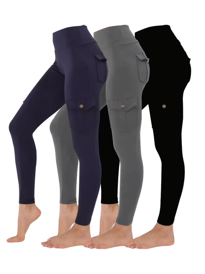 3pcs Solid Color Hip Lift Yoga Tights With Pockets, Running Exercise Yoga Pants, High-waisted Women'S Yoga Pants