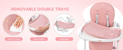 Sejoy Baby High Chair Foldable Highchair Adjustable Backrest Double Removable Tray Detachable PU Leather Cushion High Chair for