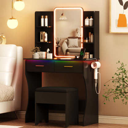 Vanity Desk With LED Lighted Mirror & Power Outlet, Corner Makeup Vanity Table With 2 Drawers, Storage Stool, For Bedroom