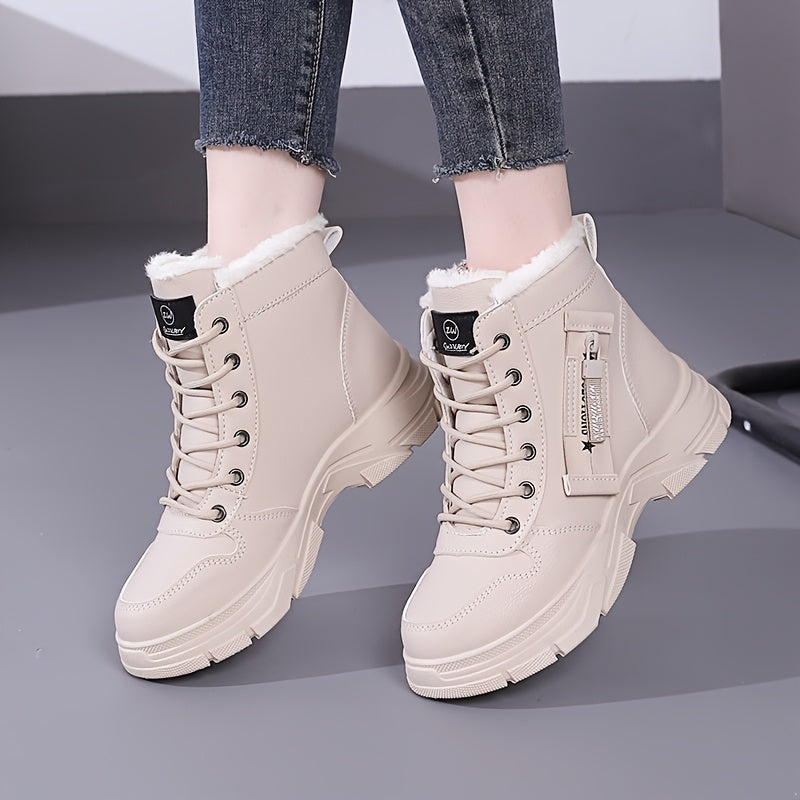 Women's Winter Warm Snow Boots with Side Zipper - Comfortable Thick Sole, High-Top Sneakers in Solid Color, Snow Boots, Outdoor Shoes