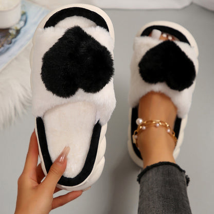 Women Heart Decor Fluffy Novelty Slippers, Fashion Indoor Home Slippers