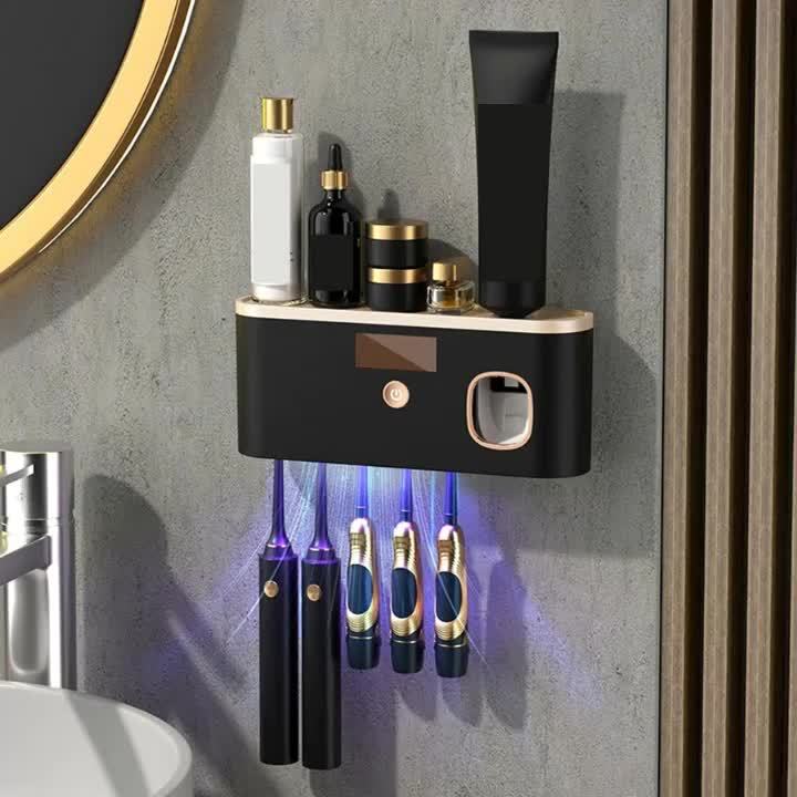 Sleek Black UV Toothbrush Sanitizer Holder - Wall-Mounted, No-Drill, USB Rechargeable with 1200mAh Battery