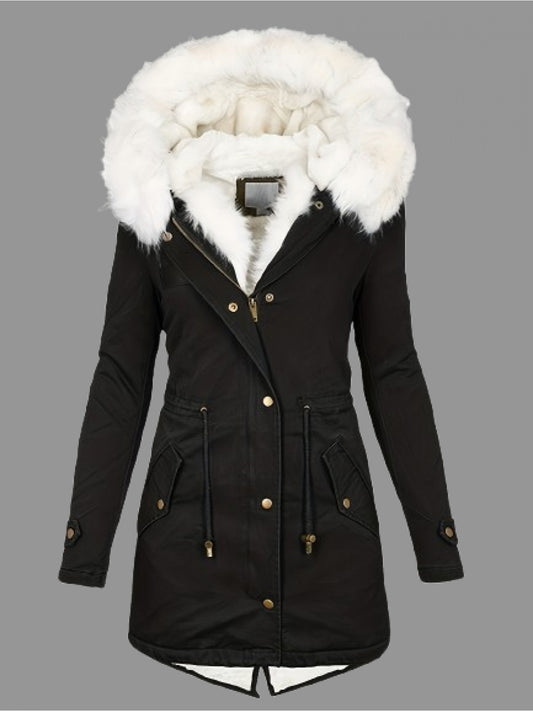 Toasty Heritage, Chic Faux Fur Hooded Winter Jacket for Women - Warm, Mid-Length with Pockets, Perfect for Outdoor Activities & Home Comfort