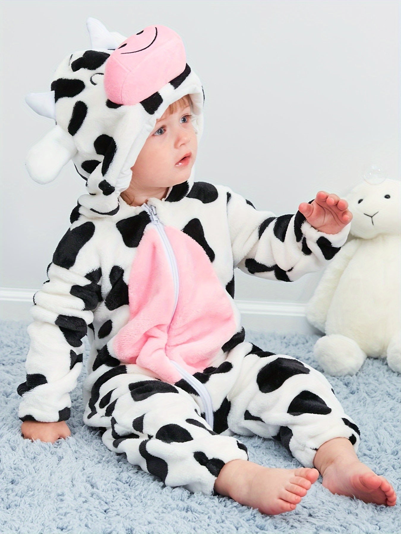 Super Cute Cow Shape Furry Baby Boys Girls Jumpsuit! - Thick Kids Thermal Clothes As Gift, Suitable For Outdoor Wear