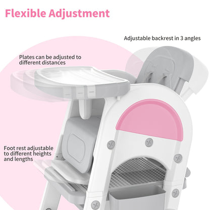 Adjustable & High Chair Set with Safety Harness - Includes Study Table, Building Block Station, and Footrest - Easy Assembly - Gray/Pink, Chair