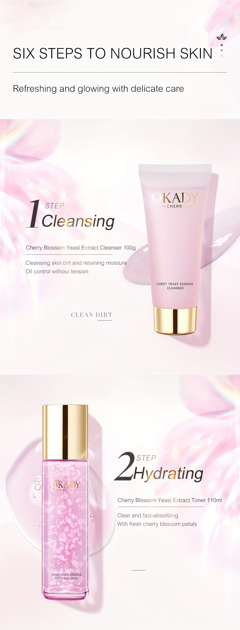 QKADY herry Blossom Yeast skin care Kit, smoothing wrinkles, contains cherry blossom and yeast extract