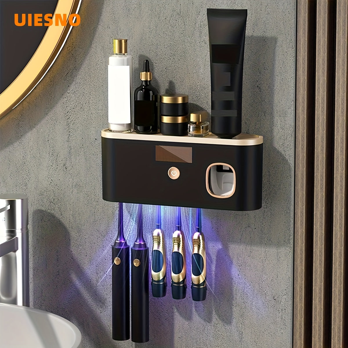 Sleek Black UV Toothbrush Sanitizer Holder - Wall-Mounted, No-Drill, USB Rechargeable with 1200mAh Battery