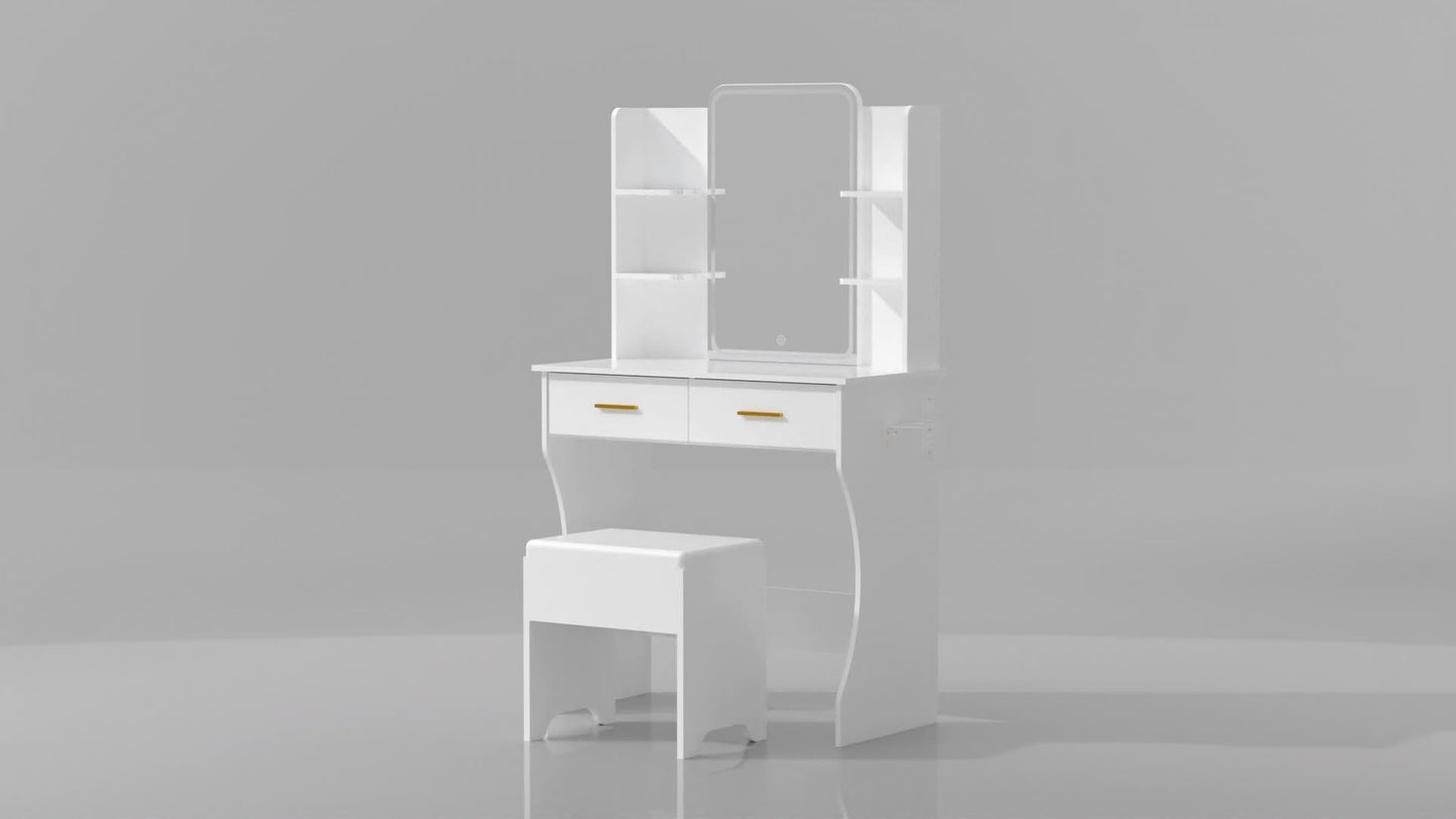 Vanity Desk With LED Lighted Mirror & Power Outlet, Corner Makeup Vanity Table With 2 Drawers, Storage Stool, For Bedroom