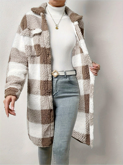 New fashion contrasting color plaid plush overcoat for autumn and winter. Casual drop-shoulder long-sleeved jacket. Trendy Women's clothing, versatile plaid overcoat.