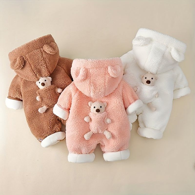 Baby Winter Clothes, Newborn Baby Bear Decor Warm Hooded Jumpsuit, Baby Clothes For Boys And Girls, Suitable For Indoor And Outdoor Wear