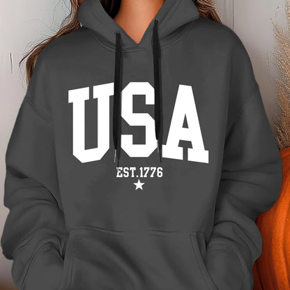 USA Letter Printed Women's Autumn And Winter 600g Hooded Pocket Hoodie, Suitable For Casual Outings And Daily Wear