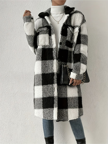 New fashion contrasting color plaid plush overcoat for autumn and winter. Casual drop-shoulder long-sleeved jacket. Trendy Women's clothing, versatile plaid overcoat.